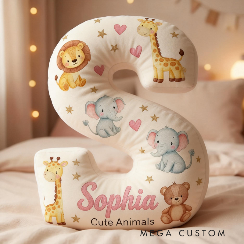Personalized Animal Letter Pillow Custom Initial Pillow for Kids Safari Baby Animals Nursery Decor Cute Animals Cushion Toddler Gift