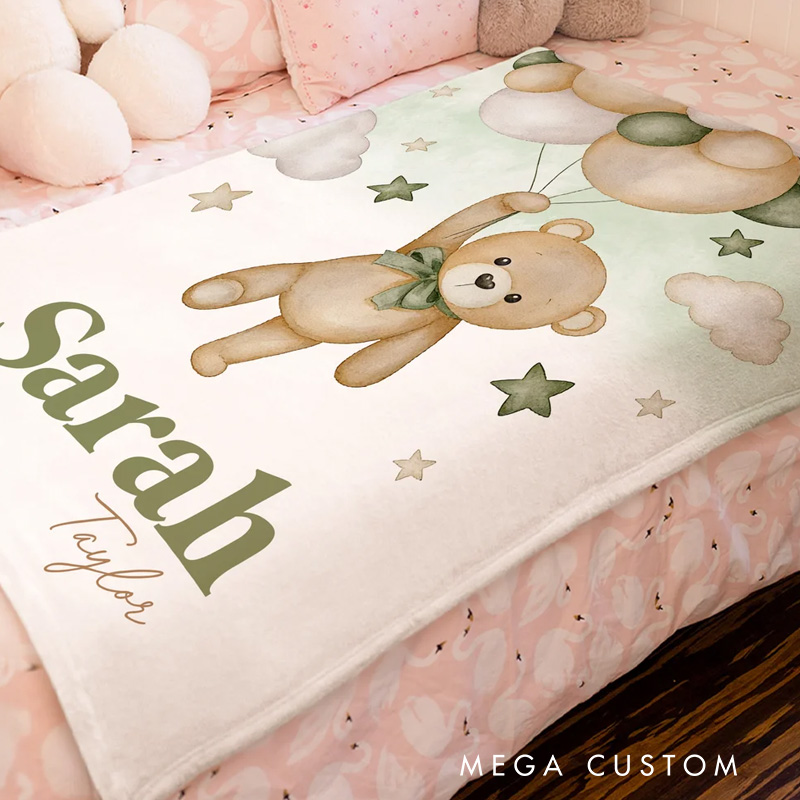 Personalized Bear Balloon Soft Throw Blanket with Name Home Decor Birthday Baby Shower Gift for Newborns Kids