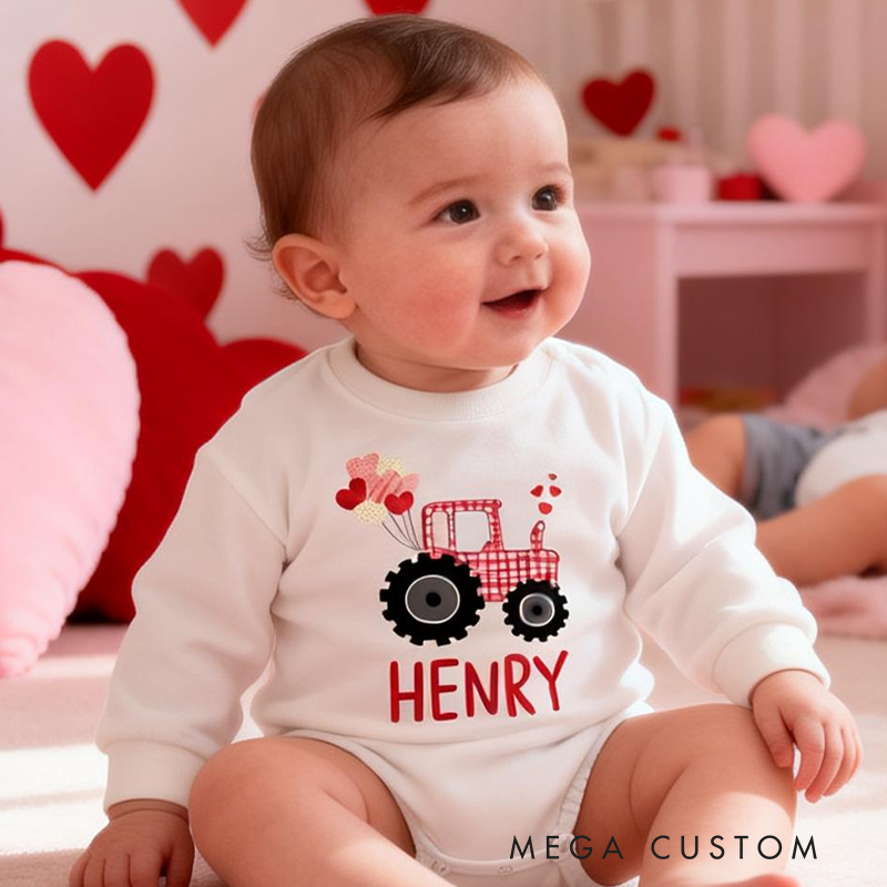 Personalized Cute Valentine's Day Tractor Bubble Romper Gift for Baby Tee Baby Girl Valentines Bodysuit