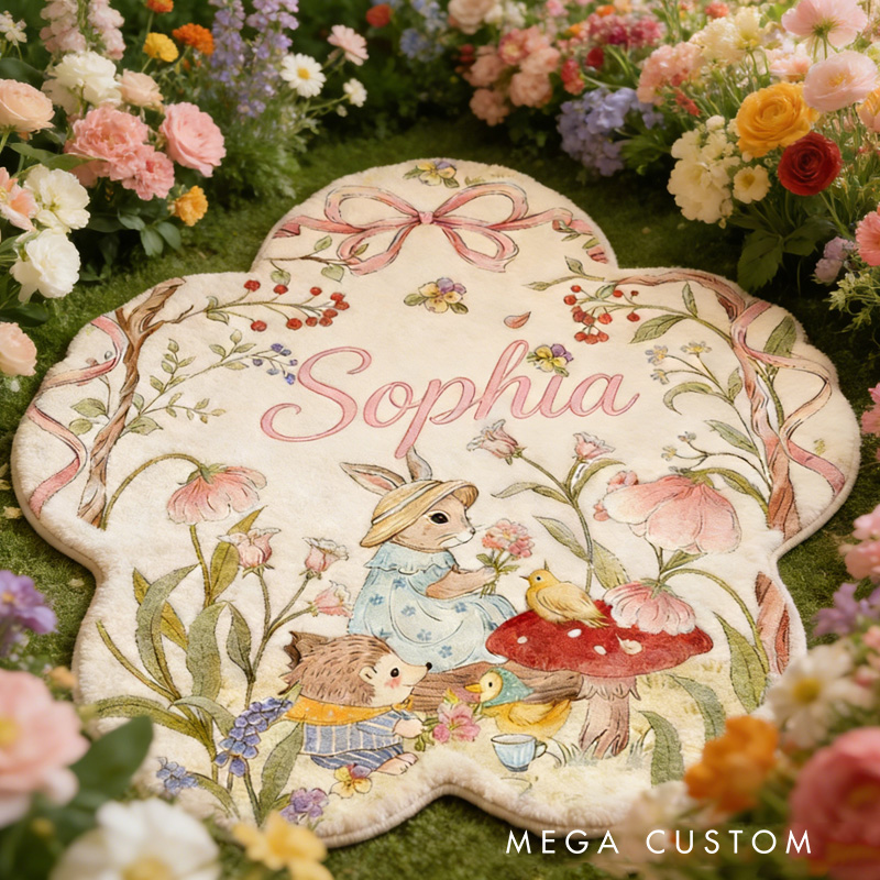 Personalized Woodland Theme Custom Name Cute Animal Forest Scene Soft Flower Shape Carpet Rug for Kids