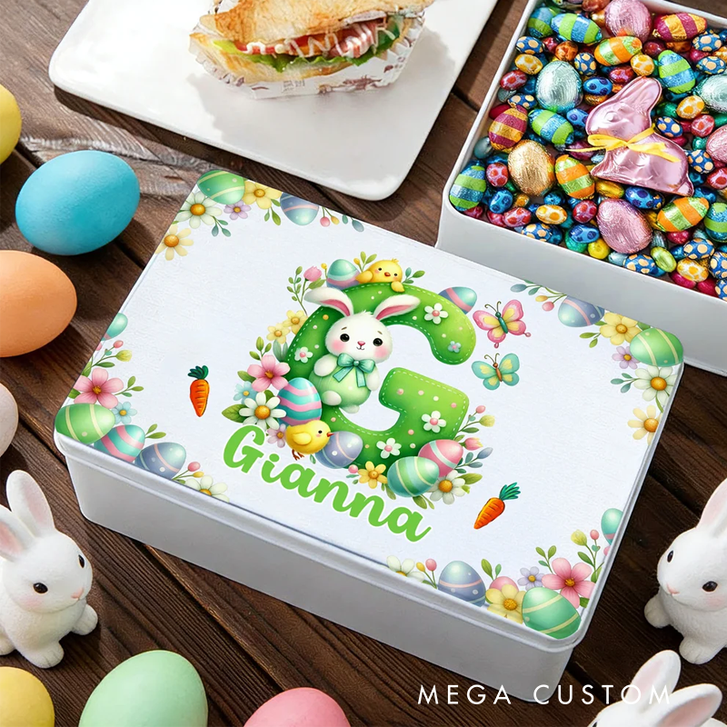 Personalized Cute Cartoon Bunny Easter Eggs Food Grade Metal Biscuit Tin Storage Box with Name Easter Gift for Family Kids