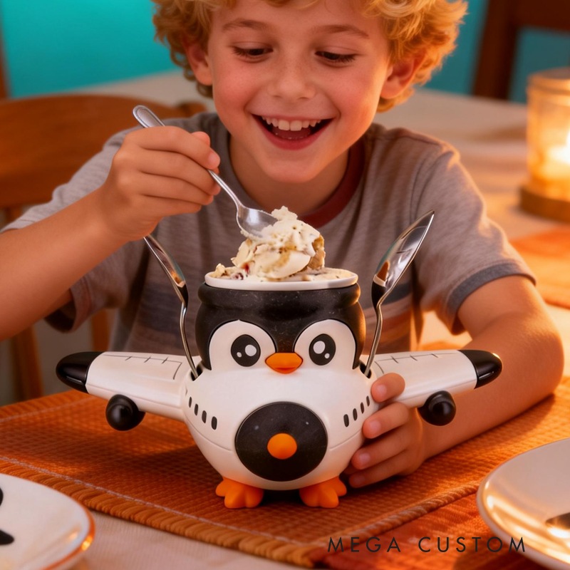 Cute Penguin Flying a Plane Ice Cream Pint Holder 3D Printed Cozy with Spoon Slot Easter Gifts