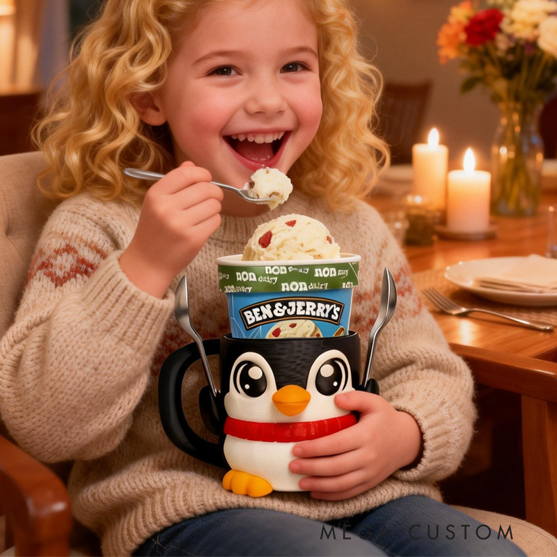 Cute Penguins Wearing Scarves Ice Cream Pint Holder 3D Printed with 2 Spoon Slots Cozy Birthday Gifts for Kids