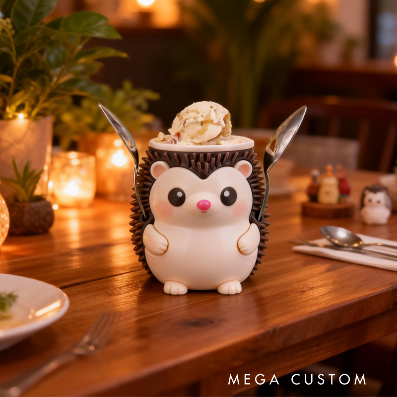 Cute Hedgehog Ice Cream Pint Holder 3D Printed with 2 Spoon Slots Cozy Birthday Gifts for Kids