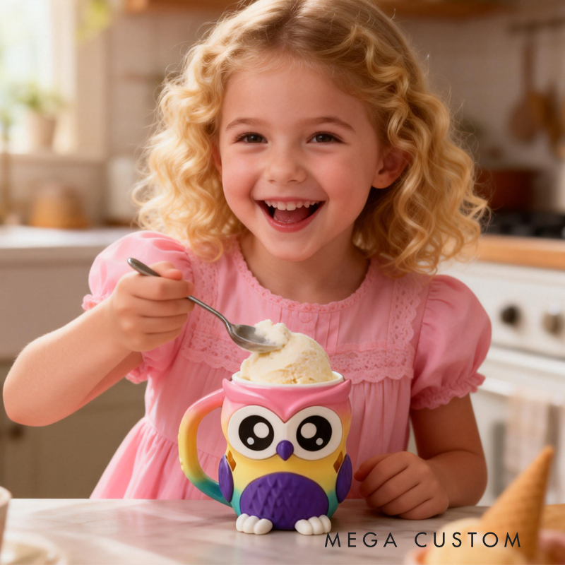 Cartoon Colorful Owl Ice Cream Pint Holder 3D Printed with 2 Spoon Slots Cozy Birthday Gifts for Kids