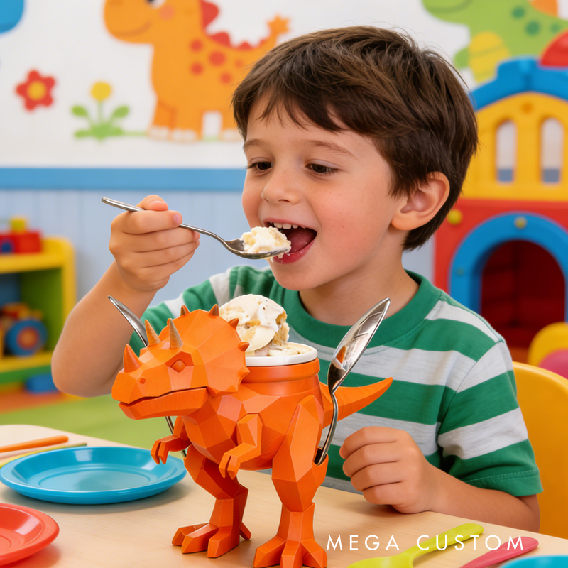 Cool Orange Dinosaur Ice Cream Pint Holder 3D Printed with 2 Spoon Slots Cozy Birthday Gifts for Kids