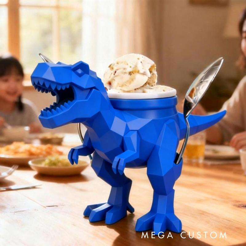 Personalized Dinosaur Theme Custom Name Cool Green T Rex Ice Cream Holder 3D Printed Cozy with Spoon Slot