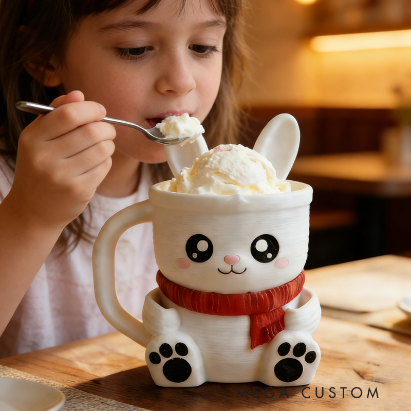 Cartoon Red Scarf Rabbit Ice Cream Pint Holder 3D Printed with 2 Spoon Slots Cozy Birthday Gifts for Kids