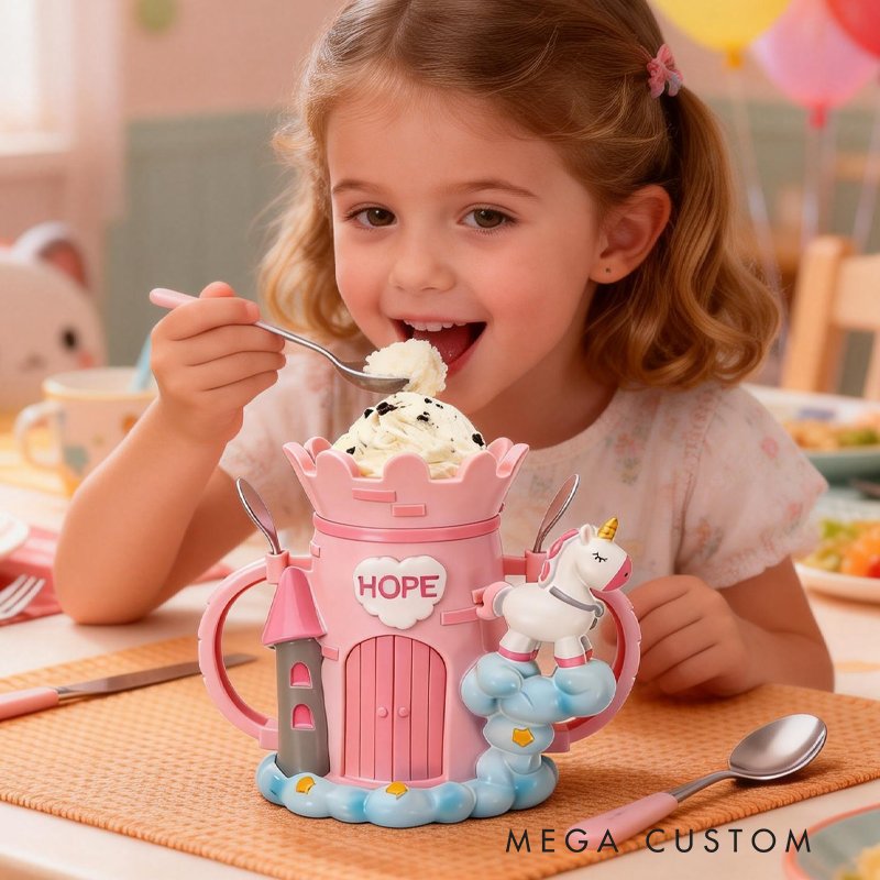 Cartoon Unicorn Castle Ice Cream Pint Holder 3D Printed with 2 Spoon Slots Cozy Birthday Gifts for Kids
