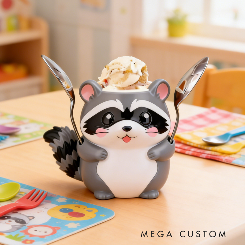 Cute Cartoon Raccoon Ice Cream Pint Holder 3D Printed with 2 Spoon Slots Cozy Birthday Gifts for Kids