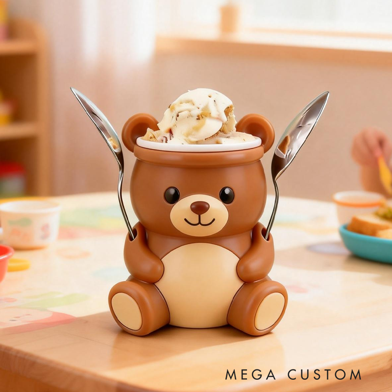 Cute Brown Bear Ice Cream Pint Holder 3D Printed with 2 Spoon Slots Cozy Birthday Gifts for Kids