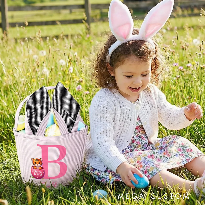 Personalized Multi-Color Cute Animal Bunny Ears Easter Basket with Name and Initial Daily Use Holiday Party Easter Gift for Children