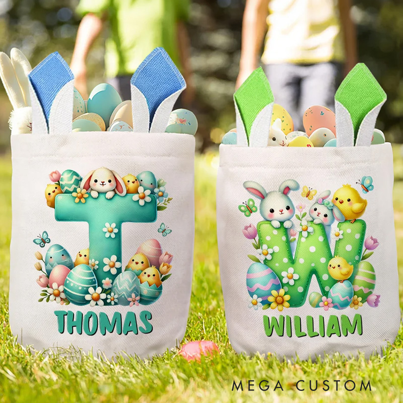 Personalized Cartoon Easter Bunny Ears Large Capacity Basket with Name and Initial Easter Eggs Hunting Party Easter Gift for Kids