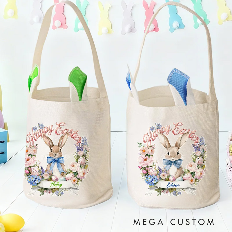 Personalized Wreath Cartoon Rabbit Easter Basket with Name and Bunny Ears Egg Hunting Accessory Easter Gift for Kids