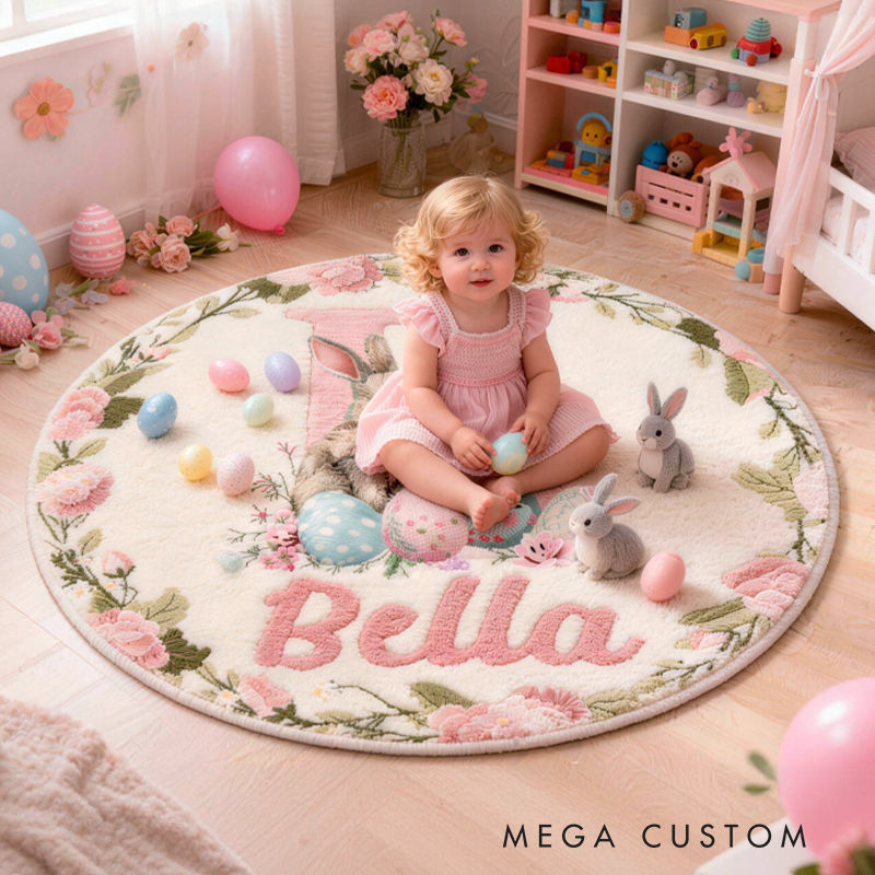 Personalized Easter Retro Bunny Rug with Name Home Decor Easter Gift for Kids