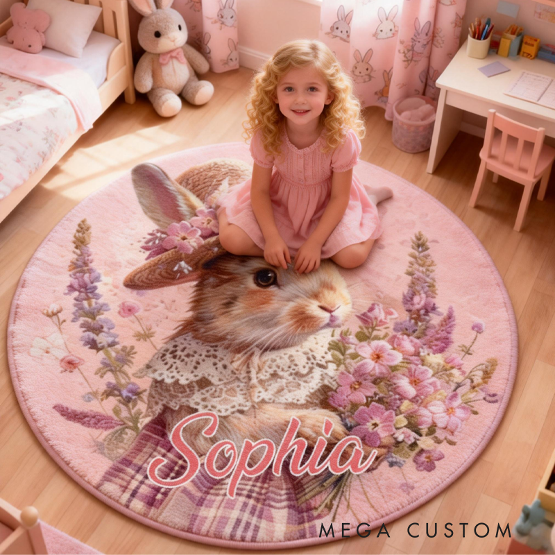 Personalized Spring Floral Bunny Rug with Name Home Decor Easter Gift for Kids