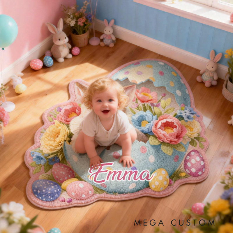 Personalized Cute Easter Bunnies and Eggs Rug with Name Home Decor Easter Gift for Kids