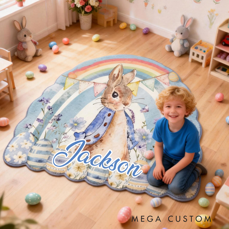 Personalized Cute Pink and Blue Easter Bunnies Rug with Name Home Decor Easter Gift for Kids