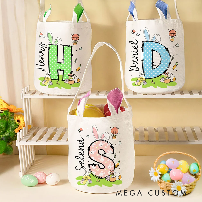 Personalized Easter Bunny Carrot Eggs Large Capacity Basket with Name and Initial Easter Eggs Hunting Party Favors Gift for Boys Girls