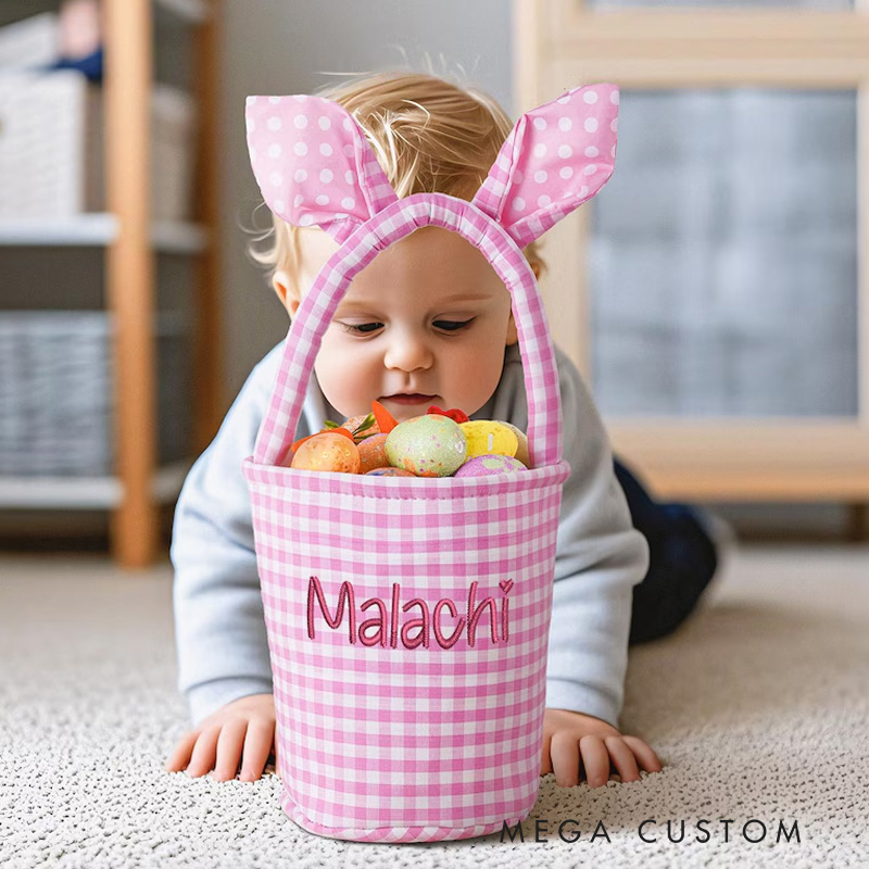 Personalized Unique Custom Name Gingham Bunny Ear Design Holiday Treat Holder Easter Basket