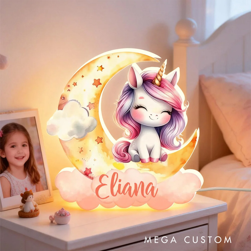 Personalized Fantasy Rainbow Horse Dreamy Moon Clouds Acrylic LED Night Light with Name Nursery Decor Birthday Baby Shower Gift for Girls