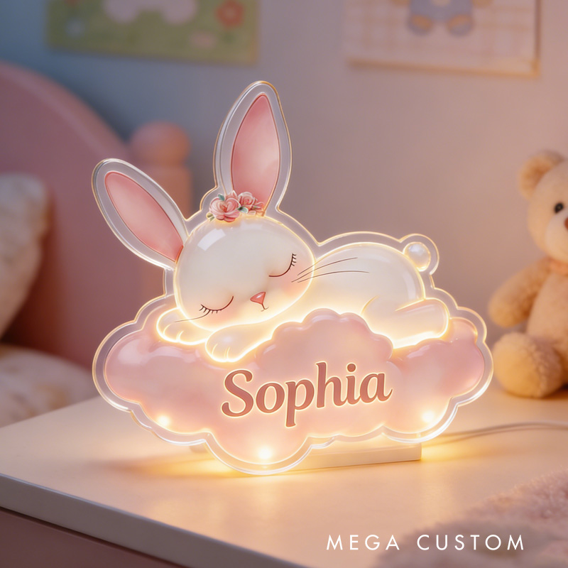 Personalized Fun Custom Name Adorable Bunny Dreamland Theme Baby Room Decoration Acrylic LED Night Light