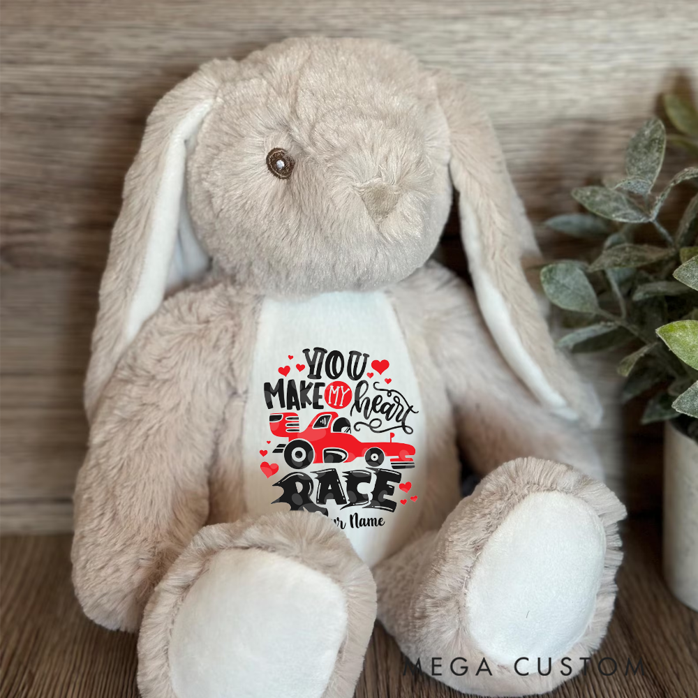 Personalized Racing Bunny Plush Custom Gift for Easter Valentine’s Day and Car Enthusiasts