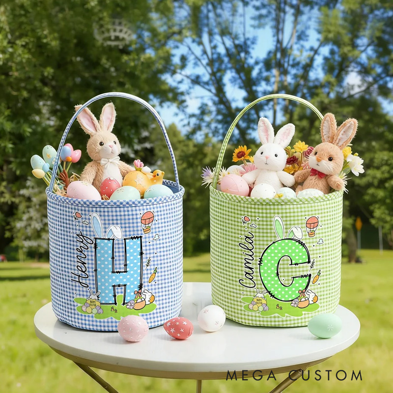 Personalized Cute Bunny Initial Flower Plaid Easter Basket with Name Easter Egg Hunt Easter Gift for Boys Girls
