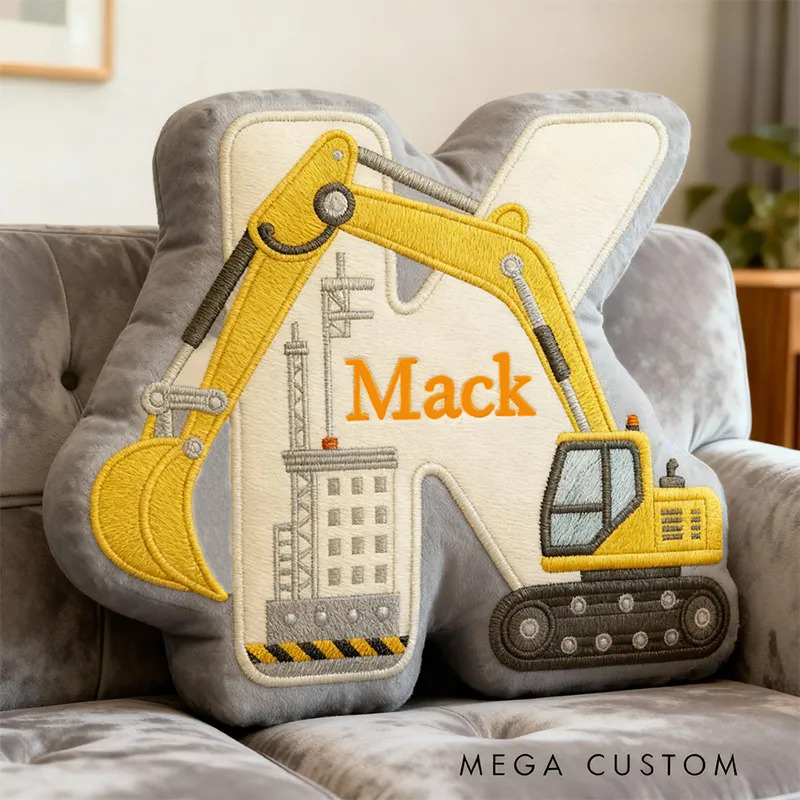 Personalized Excavator Theme Initial Name Graphic 3D Print Pillow Christmas Gift for Kids