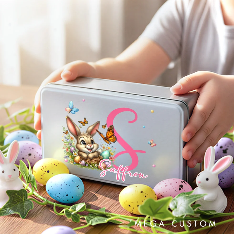 Personalized Easter Bunny Eggs Food Grade Metal Biscuit Tin Storage Box with Name and Initial Easter Holiday Gift for Family Kids