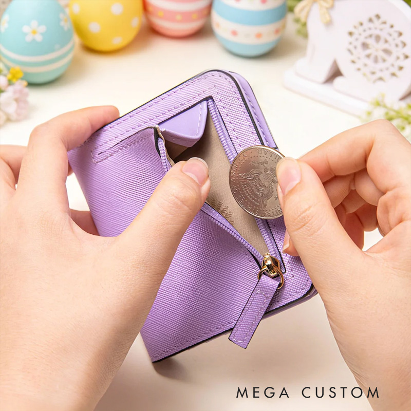 Personalized Cute Rabbit Initial PU Leather Bifold Pocket Wallet with Multiple Card Slots with Name Easter Gift for Girls