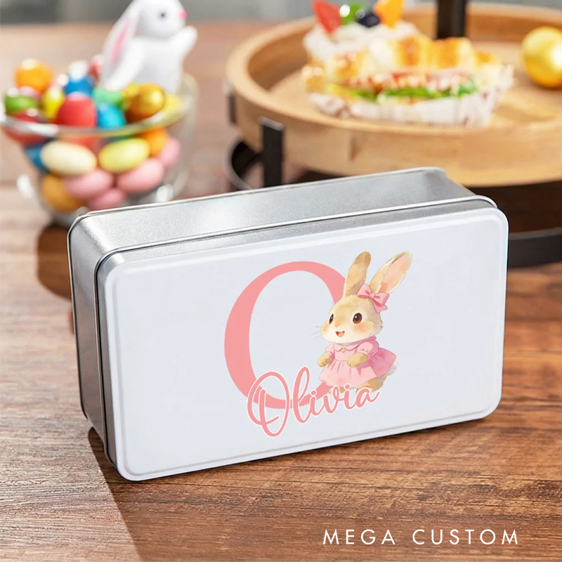 Personalized Cute Cartoon Rabbit Initial Biscuit Tin Storage Box with Name Easter Party Gift for Kids Family