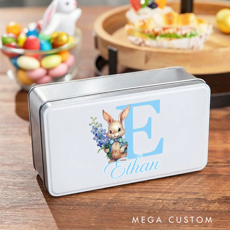 Personalized Birth Flower Cute Bunny Easter Biscuit Tin Box with Name and Initial Easter Party Easter Gift for Children