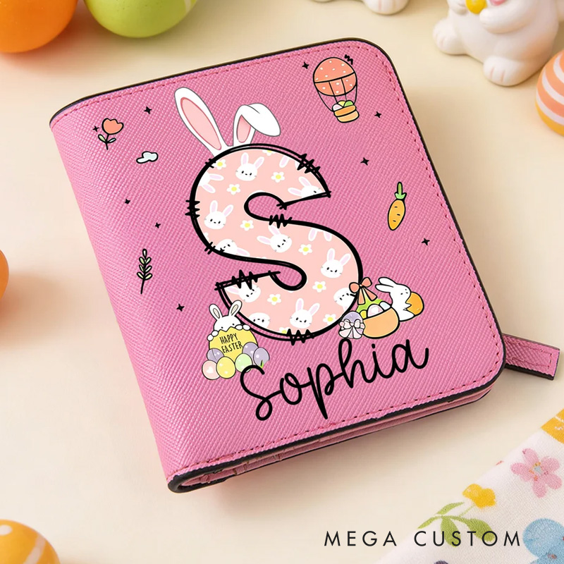 Personalized Easter Bunny Ears Initial PU Leather Wallet with Name Easter Gift for Girls