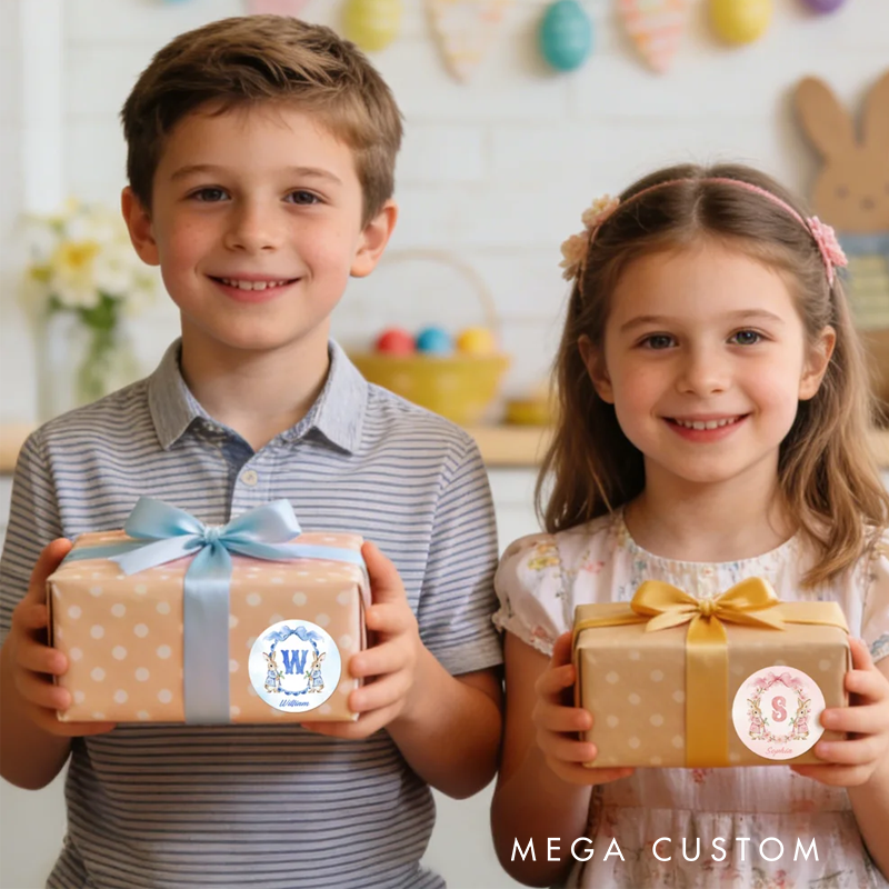 Personalized Cute Flower Peter Rabbit Set of 2 Easter Waterproof Stickers Labels with Name and Initial Easter Day Decor Party Favors for Family Kids