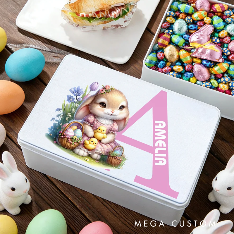Personalized Cute Bunny Flowers Easter Eggs Initial Food Grade Metal Biscuit Tin Storage Box with Name Easter Holiday Gift for Family Kids