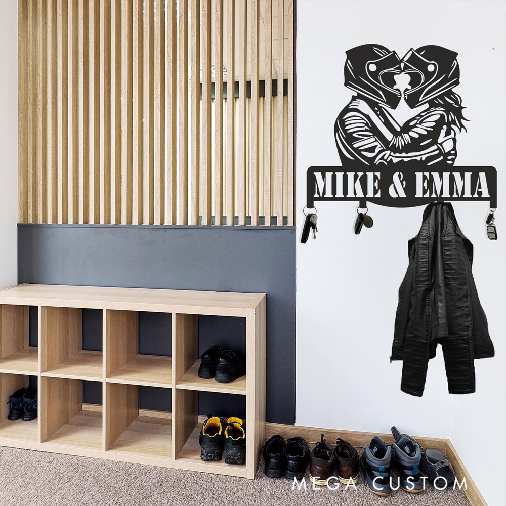 Personalized Couple Biker Wall Hook Custom Metal Key and Accessory Organizer Valentine 