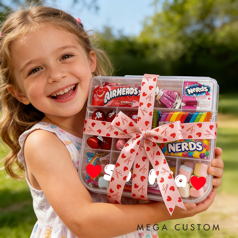 Personalized Candy Gift Set with Heart Bow Decoration Sweet Treat Basket for Kids Birthdays Valentines Day Party Favors and Special Celebrations