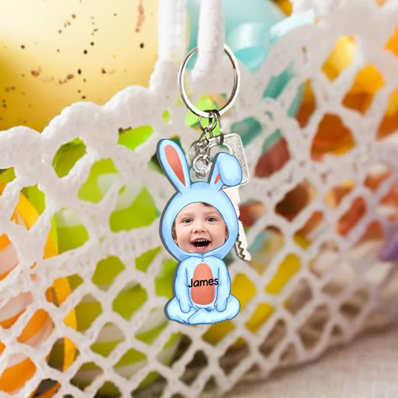 Personalized Multicolor Easter Bunny Cartoon Character Face Photo Acrylic Keychain with Name Easter Birthday Gift for Kids
