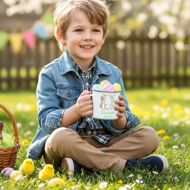 Personalized Name Rabbit Floral Alphabet Easter Enamel Mug 12oz Cup with Handle Tin Camping Mug Easter Party Favor Easter Gift for Kids