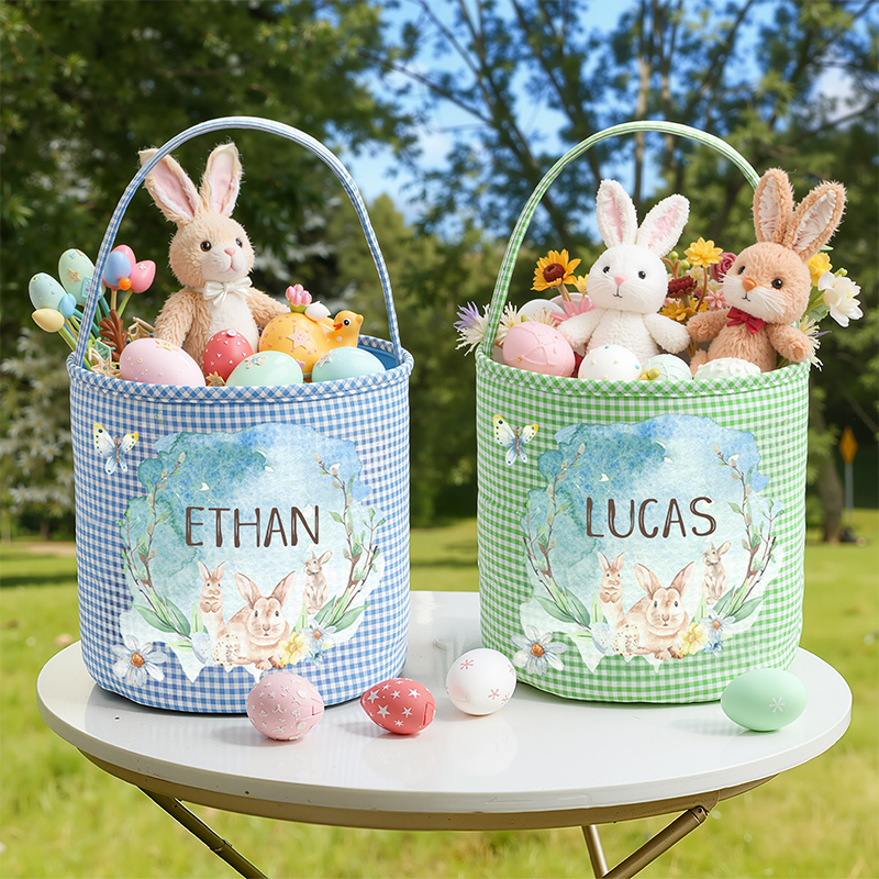 Personalized Name Watercolor Bunnies Gingham Easter Basket with Ruffle Multicolor Easter Treat Bag Easter Party Favor Easter Gift for Kids Boys Girls