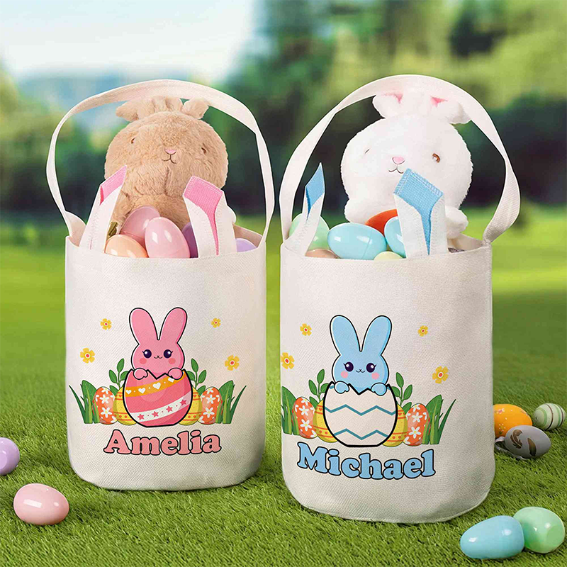 Personalized Name Cracked Egg Bunny Bucket Bag with Ears Easter Egg Hunt Basket Cotton Linen Easter Goodie Bag Easter Gift for Kids Boys Girls
