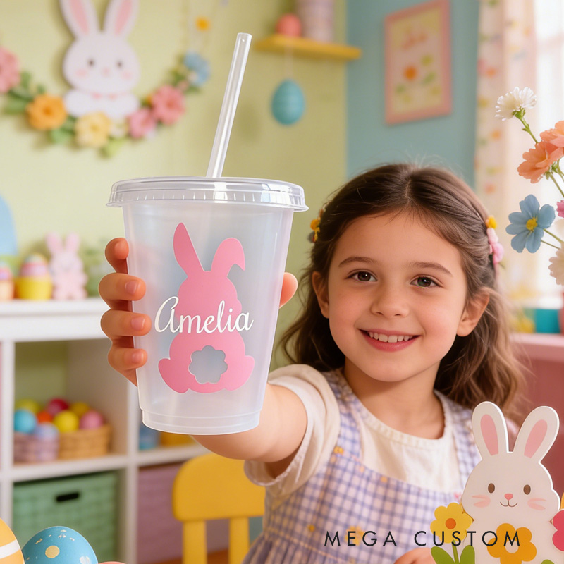 Personalized Easter Bunny Name Cup Cute Pastel Holiday Gift for Kids Spring Party Favor Children's cup with straw