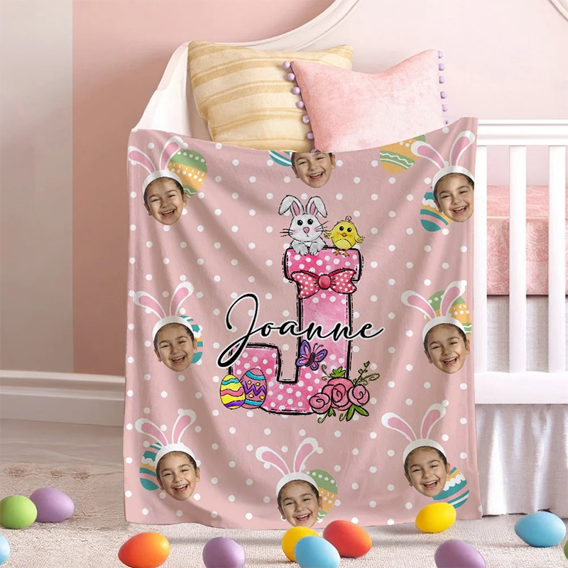 Personalized Face Photos Easter Bunny Alphabet Blanket Polka Dot Blanket with Name Initial Flannel Sherpa Soft Bed Couch Throw Easter Gift for Kids