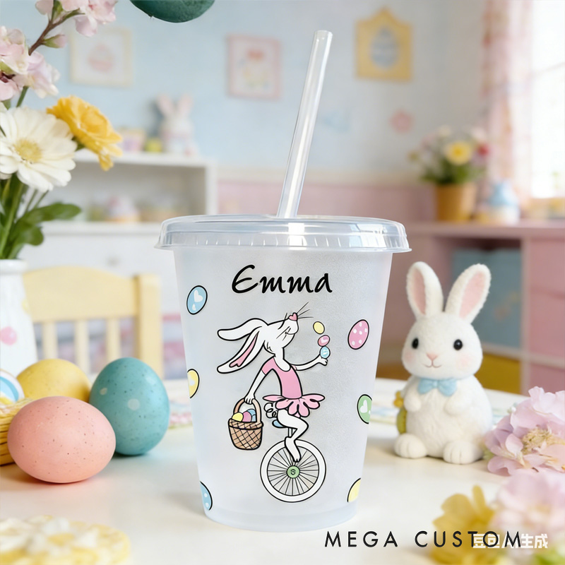 Personalized Easter Bunny Name Cup Cute Spring Egg Pattern Gift for Kids Holiday Celebration Children's cup with straw