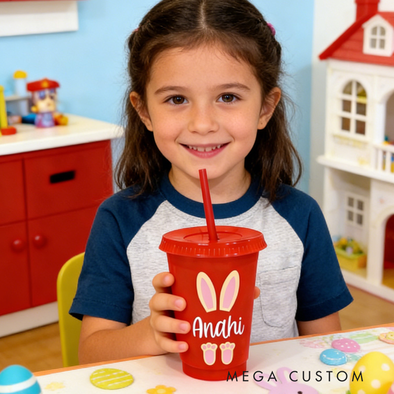 Personalized Easter Bunny Ears Name Cup Cute Holiday Gift for Kids Spring Celebration Children's cup with straw