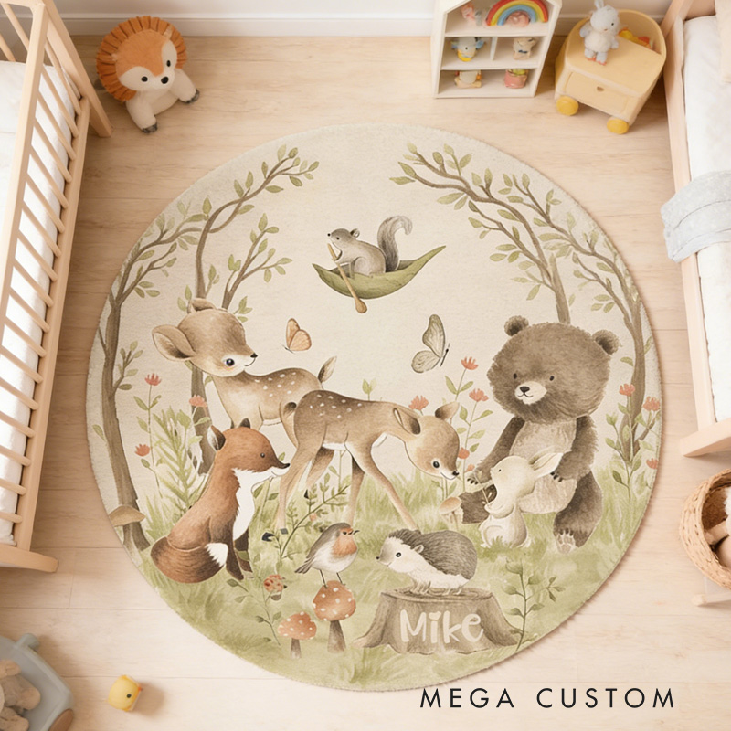 Personalized Woodland Animal Forest Theme Name Mat Soft Nursery Play Area Decor Carpet Rug for Kids
