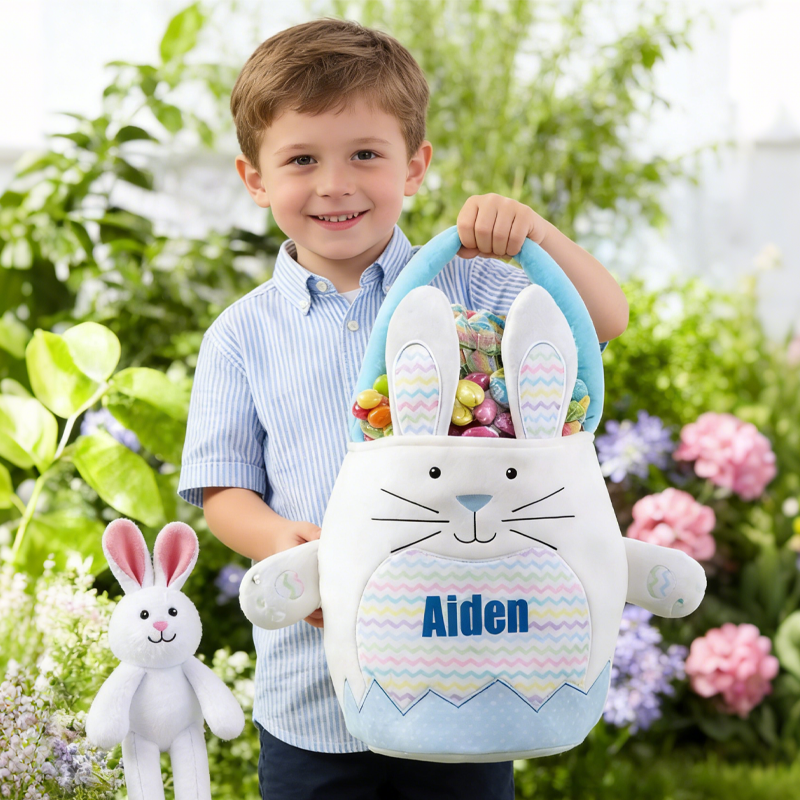Personalized Name Plush Bunnies Easter Basket Easter Treat Bag Easter Party Favor Easter Gift for Kids Boys Girls