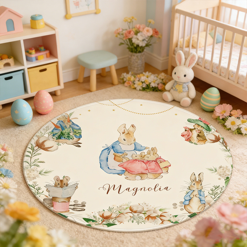 Personalized Easter Bunny Spring Floral Theme Name Mat Soft Nursery Room Decor Carpet Rug for Kids