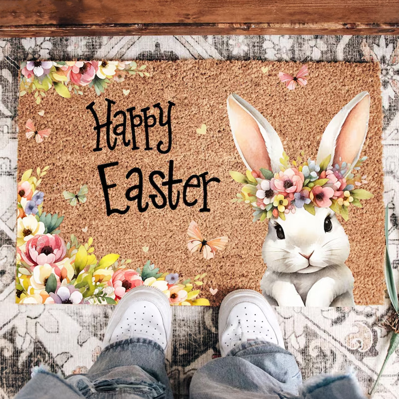 Personalized Easter Bunny Flower Crown Theme Spring Welcome Mat Cute Holiday Entryway Decor Doormat